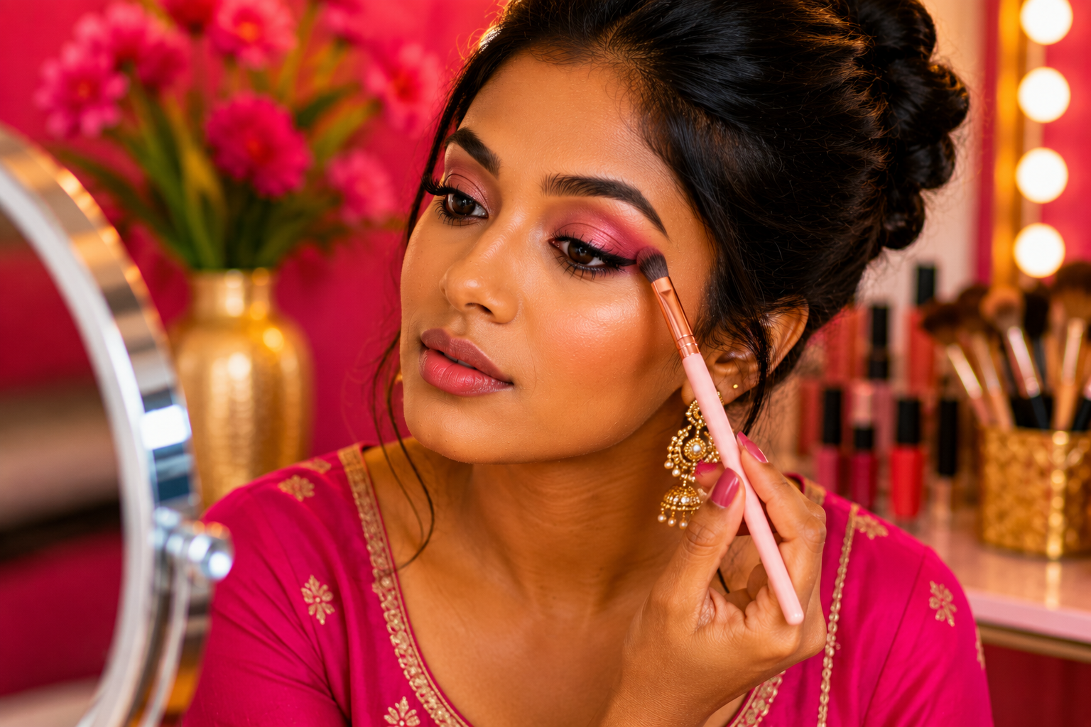 Mulher aplicando sombra rosa nos olhos