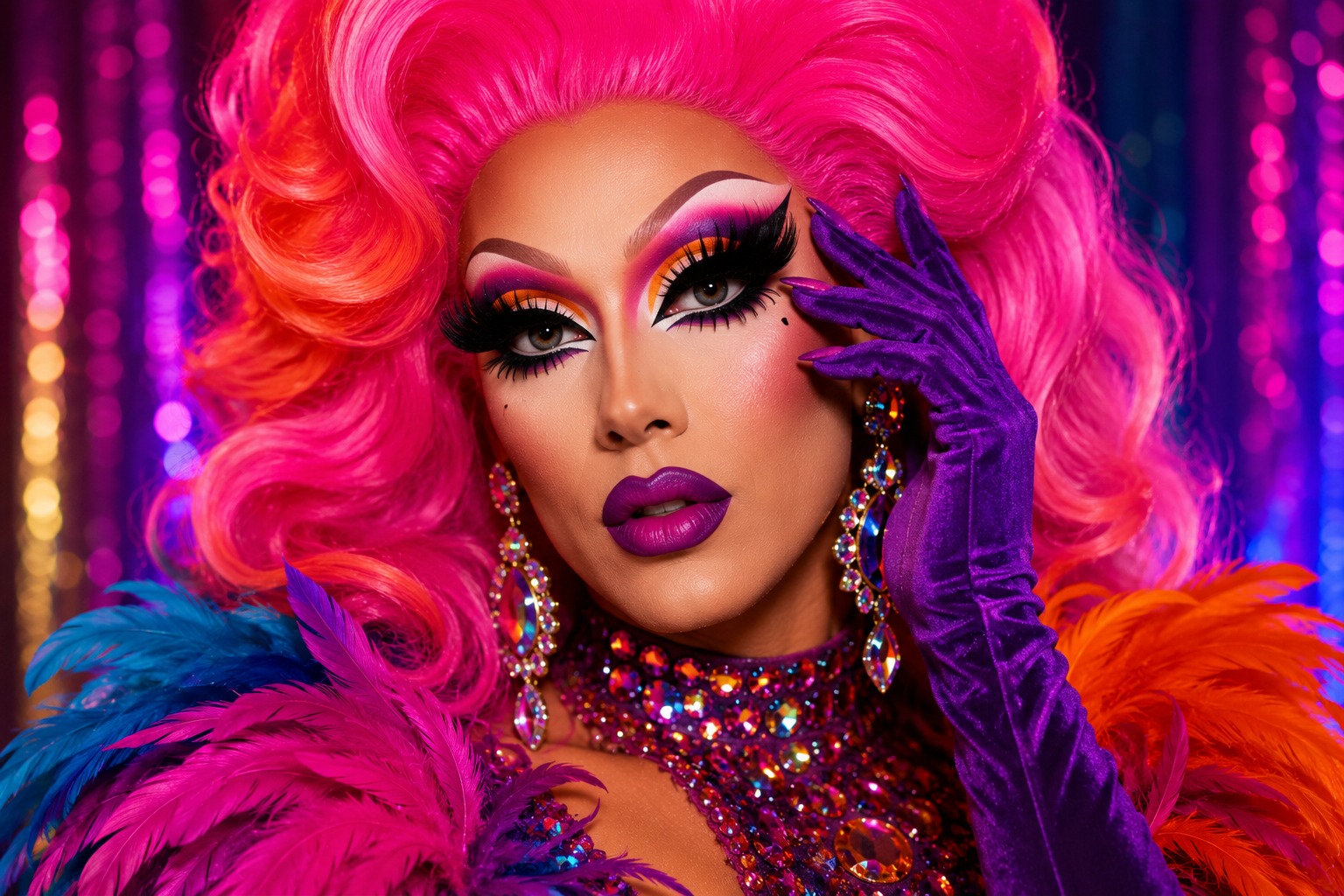 Drag queen com maquiagem artística vibrante