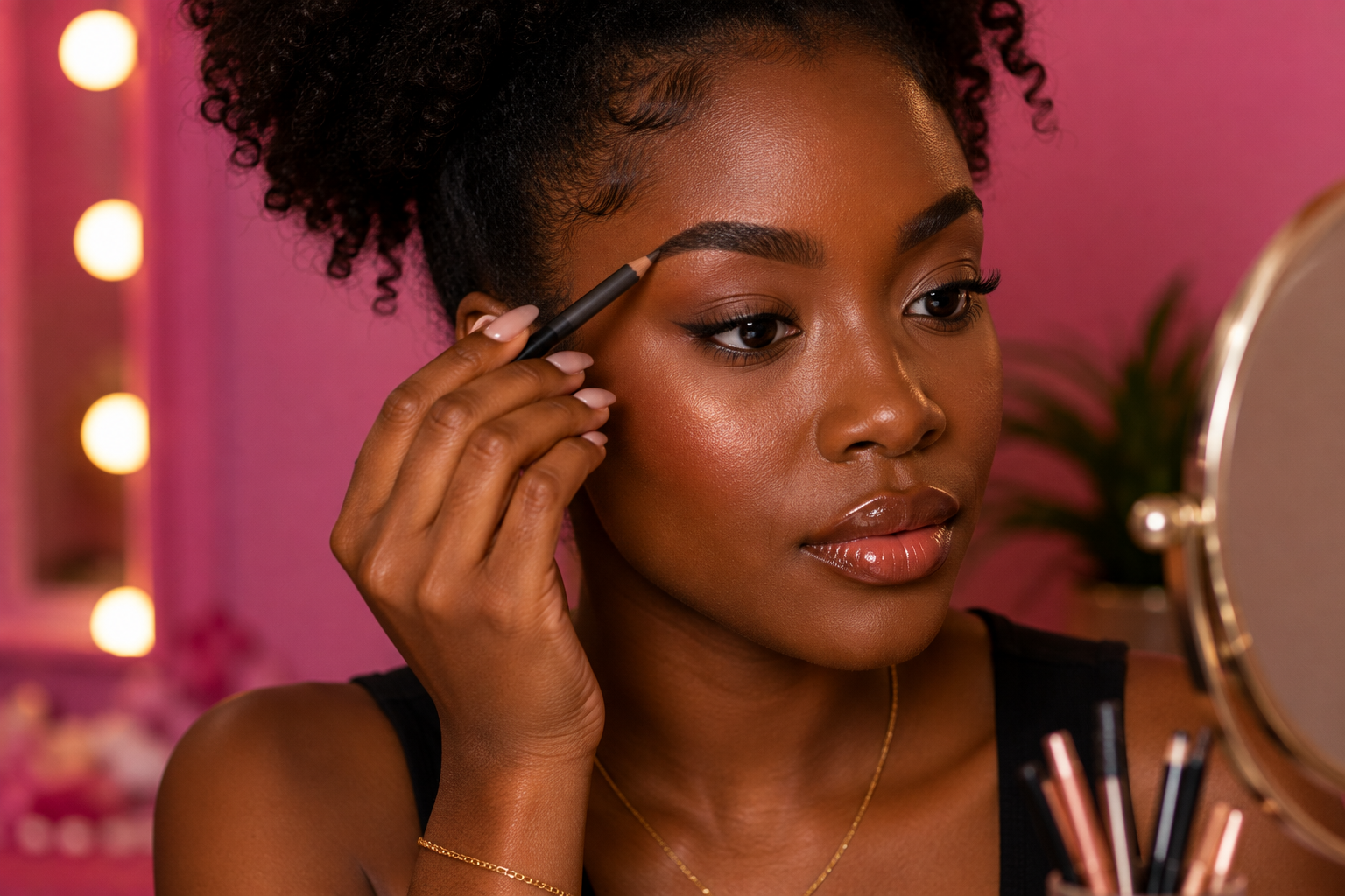 Mulher negra preenchendo as sobrancelhas naturalmente com lápis