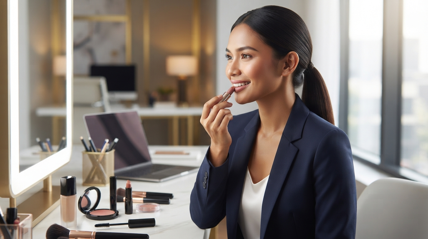 Mulher fazendo maquiagem rapida e elegante para trabalho