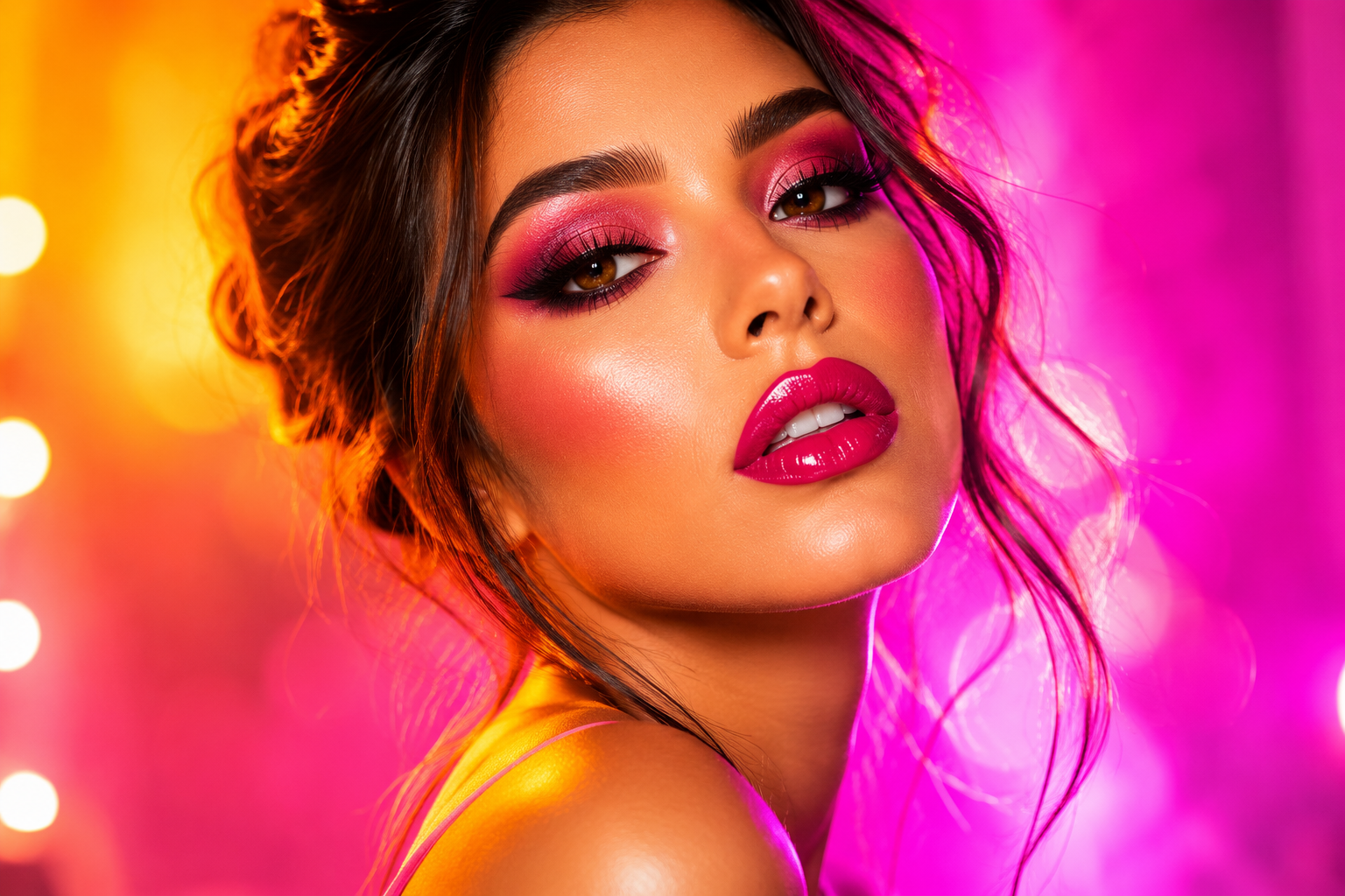 Mulher com maquiagem glam aplicando blush